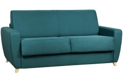 Canapé convertible 3 places en tissu bleu canard et bois clair avec matelas 18 cm GRAHAM