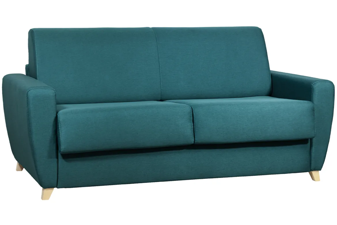 Canapé convertible 3 places en tissu bleu canard et bois clair avec matelas 18 cm GRAHAM