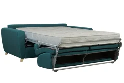 Canapé convertible 3 places en tissu bleu canard et bois clair avec matelas 18 cm GRAHAM