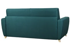 Canapé convertible 3 places en tissu bleu canard et bois clair avec matelas 18 cm GRAHAM
