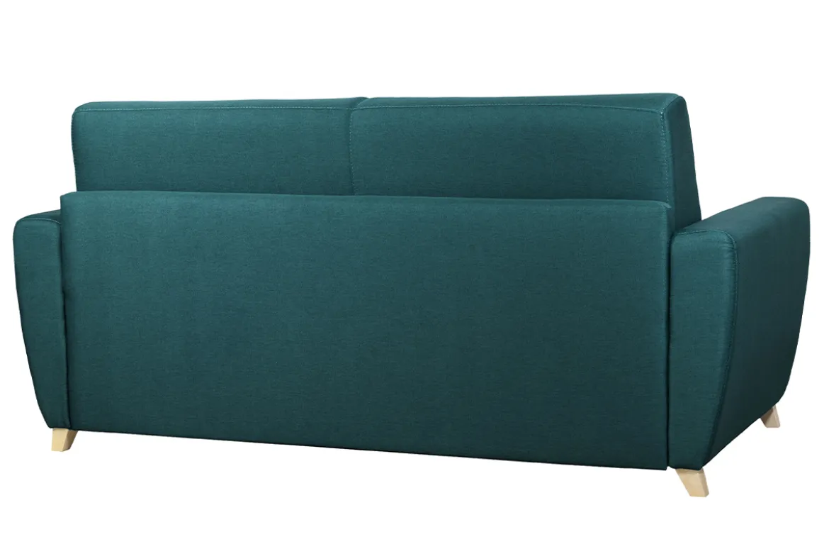 Canapé convertible 3 places en tissu bleu canard et bois clair avec matelas 18 cm GRAHAM