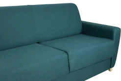 Canapé convertible 3 places en tissu bleu canard et bois clair avec matelas 18 cm GRAHAM