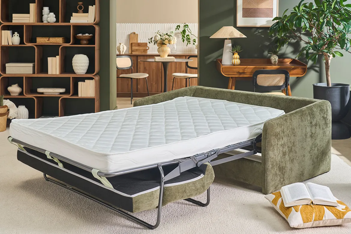 Canapé convertible 2 places en tissu effet velours texturé vert kaki PAULIN