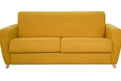 Canapé convertible 3 places en tissu jaune moutarde et bois clair avec matelas L140 cm 13 cm GRAHAM