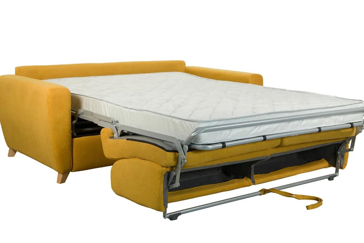 Canapé convertible 3 places en tissu jaune moutarde et bois clair avec matelas L140 cm 13 cm GRAHAM