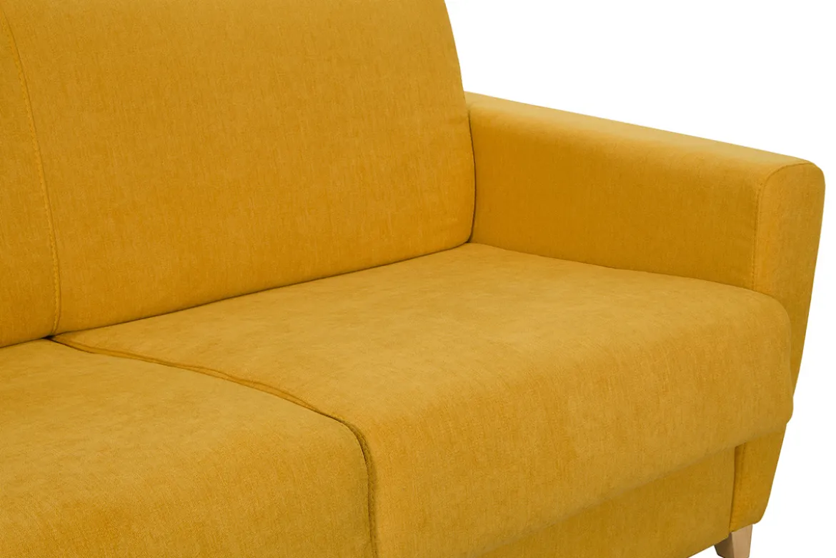 Canapé convertible 3 places en tissu jaune moutarde et bois clair avec matelas L140 cm 13 cm GRAHAM