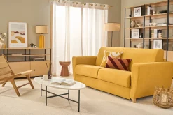 Canapé convertible 3 places en tissu jaune moutarde et bois clair avec matelas L140 cm 13 cm GRAHAM