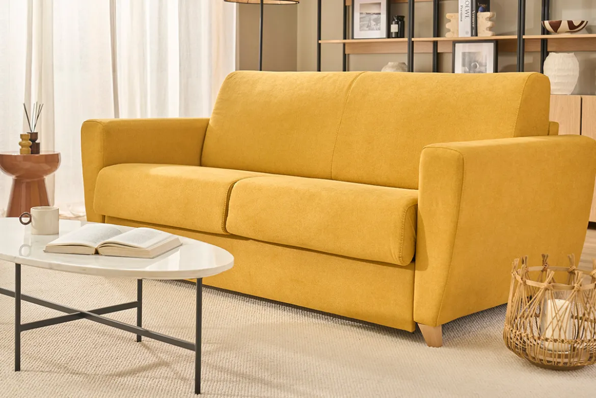 Canapé convertible 3 places en tissu jaune moutarde et bois clair avec matelas L140 cm 13 cm GRAHAM