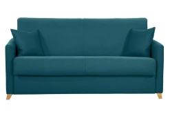 Canapé convertible 3 places en tissu bleu canard et bois clair avec matelas 18 cm SKANDY
