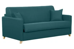 Canapé convertible 3 places en tissu bleu canard et bois clair avec matelas 18 cm SKANDY