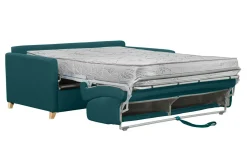 Canapé convertible 3 places en tissu bleu canard et bois clair avec matelas 18 cm SKANDY