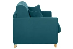 Canapé convertible 3 places en tissu bleu canard et bois clair avec matelas 18 cm SKANDY