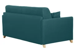 Canapé convertible 3 places en tissu bleu canard et bois clair avec matelas 18 cm SKANDY