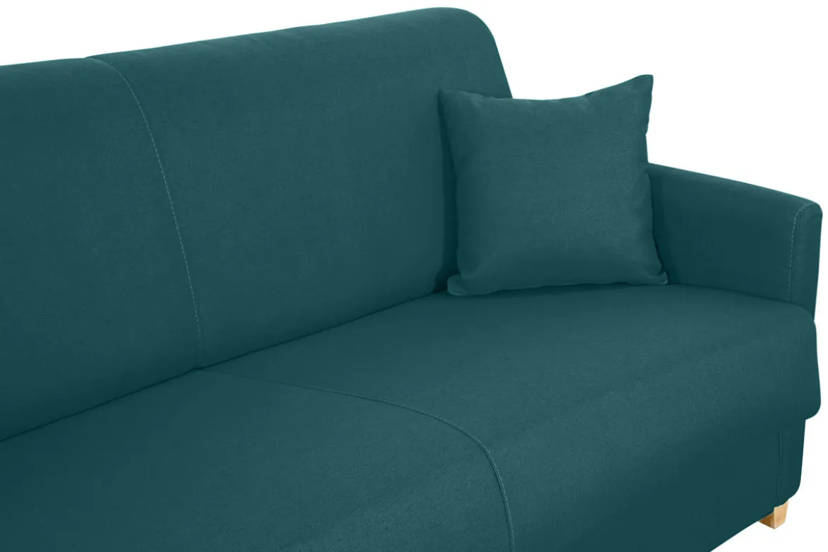 Canapé convertible 3 places en tissu bleu canard et bois clair avec matelas 18 cm SKANDY