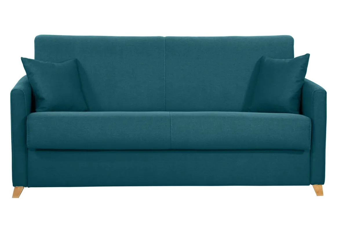 Canapé convertible 3 places en tissu bleu canard et bois clair avec matelas 18 cm SKANDY