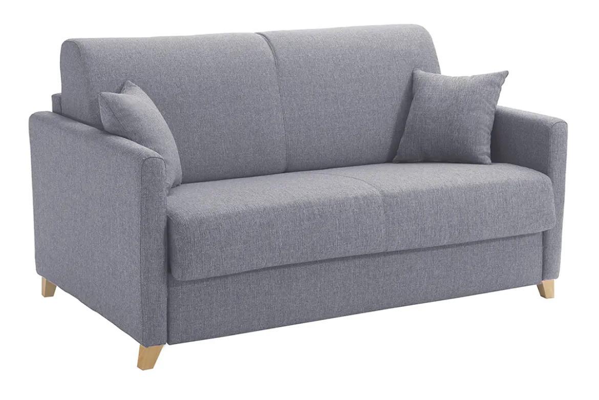 Canapé convertible 2-3 places en tissu gris et bois clair avec matelas 13 cm SKANDY