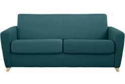 Canapé convertible 3 places en tissu bleu canard et bois clair avec matelas L140 cm 13 cm GRAHAM