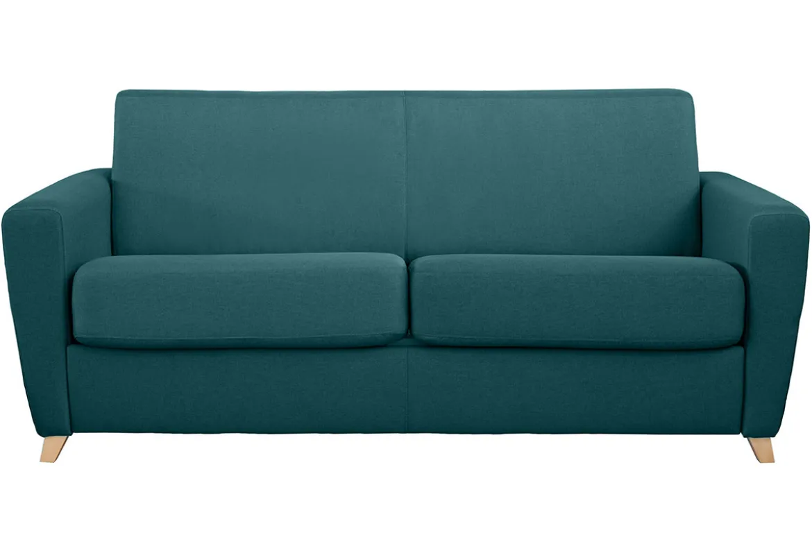 Canapé convertible 3 places en tissu bleu canard et bois clair avec matelas L140 cm 13 cm GRAHAM
