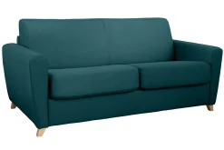 Canapé convertible 3 places en tissu bleu canard et bois clair avec matelas L140 cm 13 cm GRAHAM