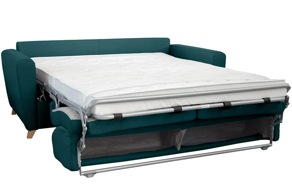 Canapé convertible 3 places en tissu bleu canard et bois clair avec matelas L140 cm 13 cm GRAHAM