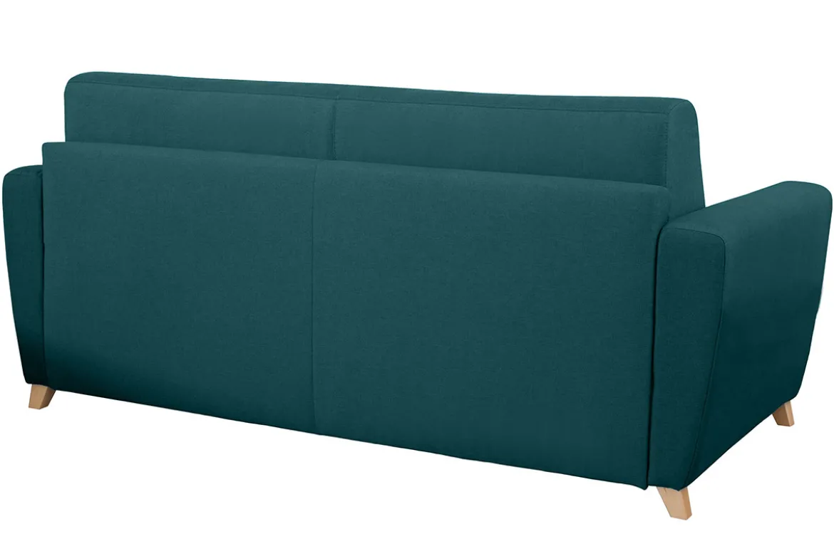 Canapé convertible 3 places en tissu bleu canard et bois clair avec matelas L140 cm 13 cm GRAHAM