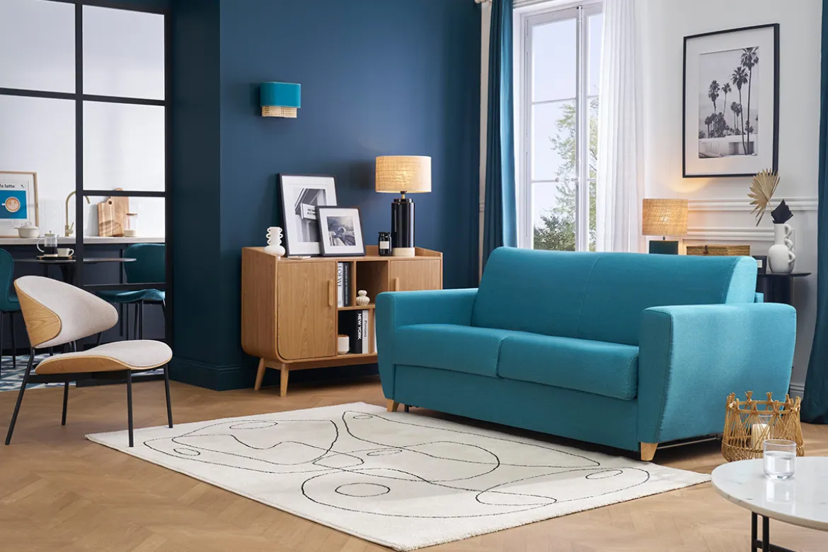 Canapé convertible 3 places en tissu bleu canard et bois clair avec matelas L140 cm 13 cm GRAHAM
