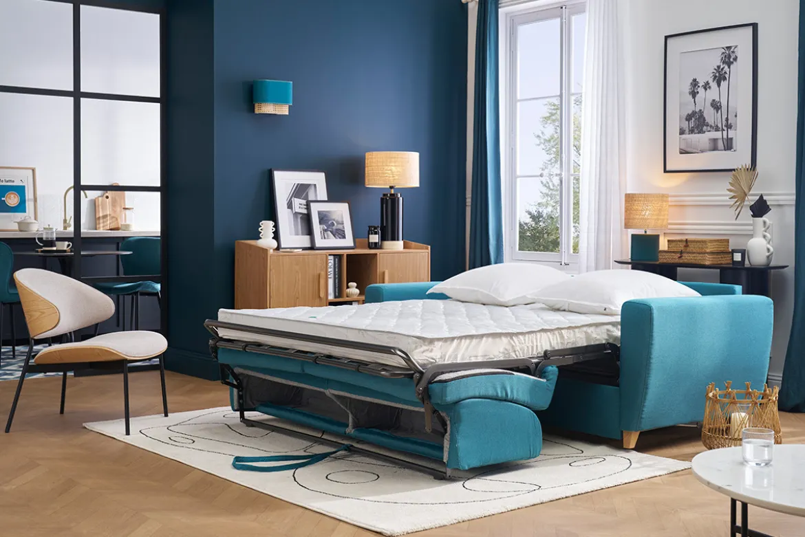 Canapé convertible 3 places en tissu bleu canard et bois clair avec matelas L140 cm 13 cm GRAHAM