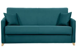 Canapé convertible 3 places en tissu bleu canard et bois clair avec matelas 13 cm SKANDY