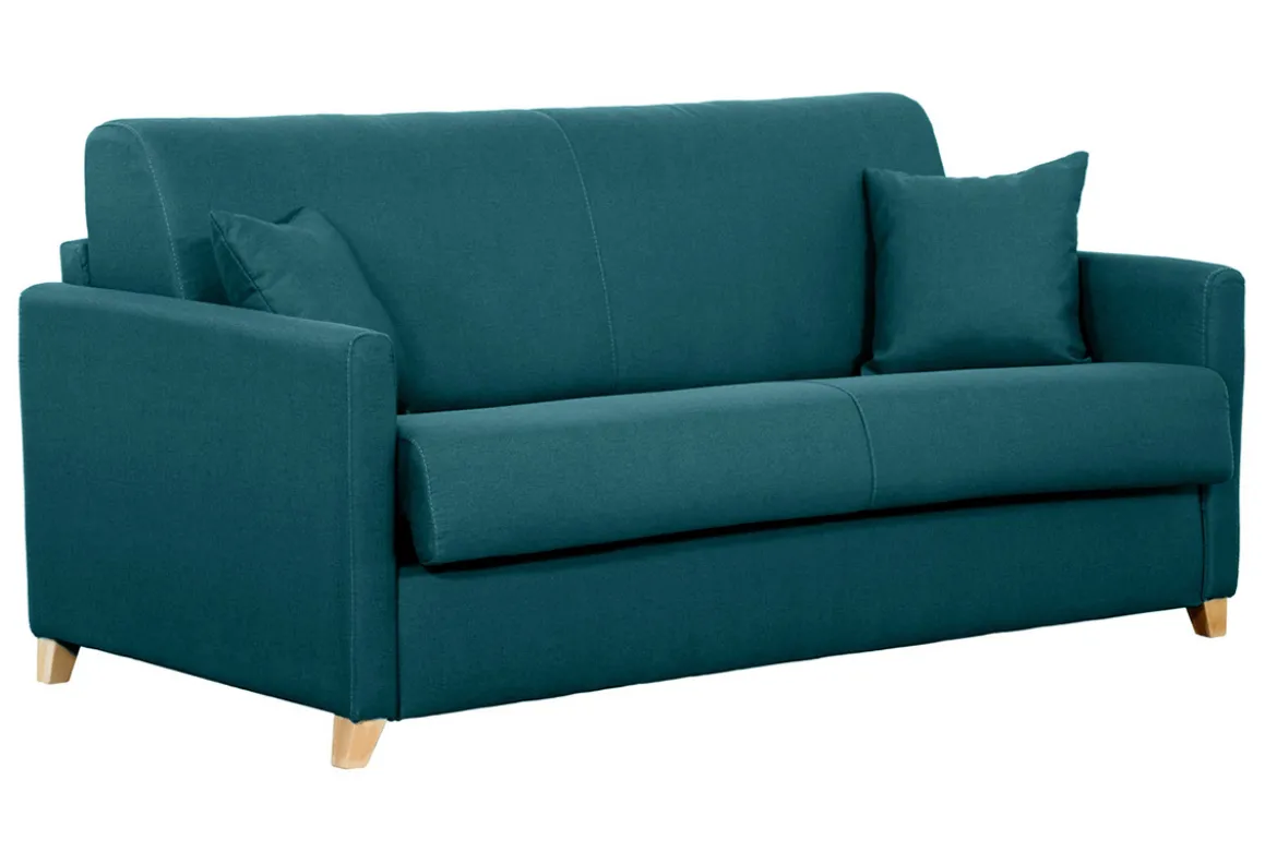 Canapé convertible 3 places en tissu bleu canard et bois clair avec matelas 13 cm SKANDY