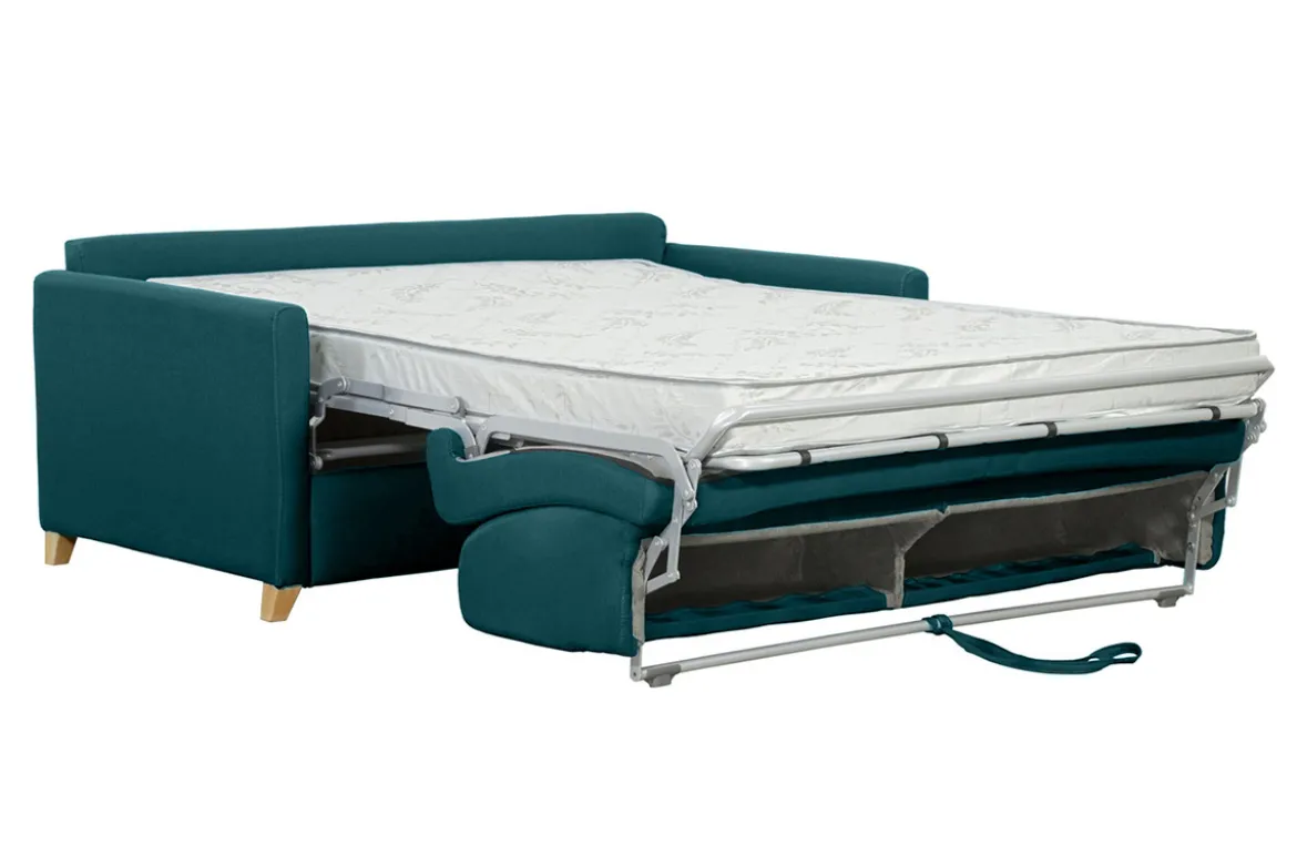 Canapé convertible 3 places en tissu bleu canard et bois clair avec matelas 13 cm SKANDY