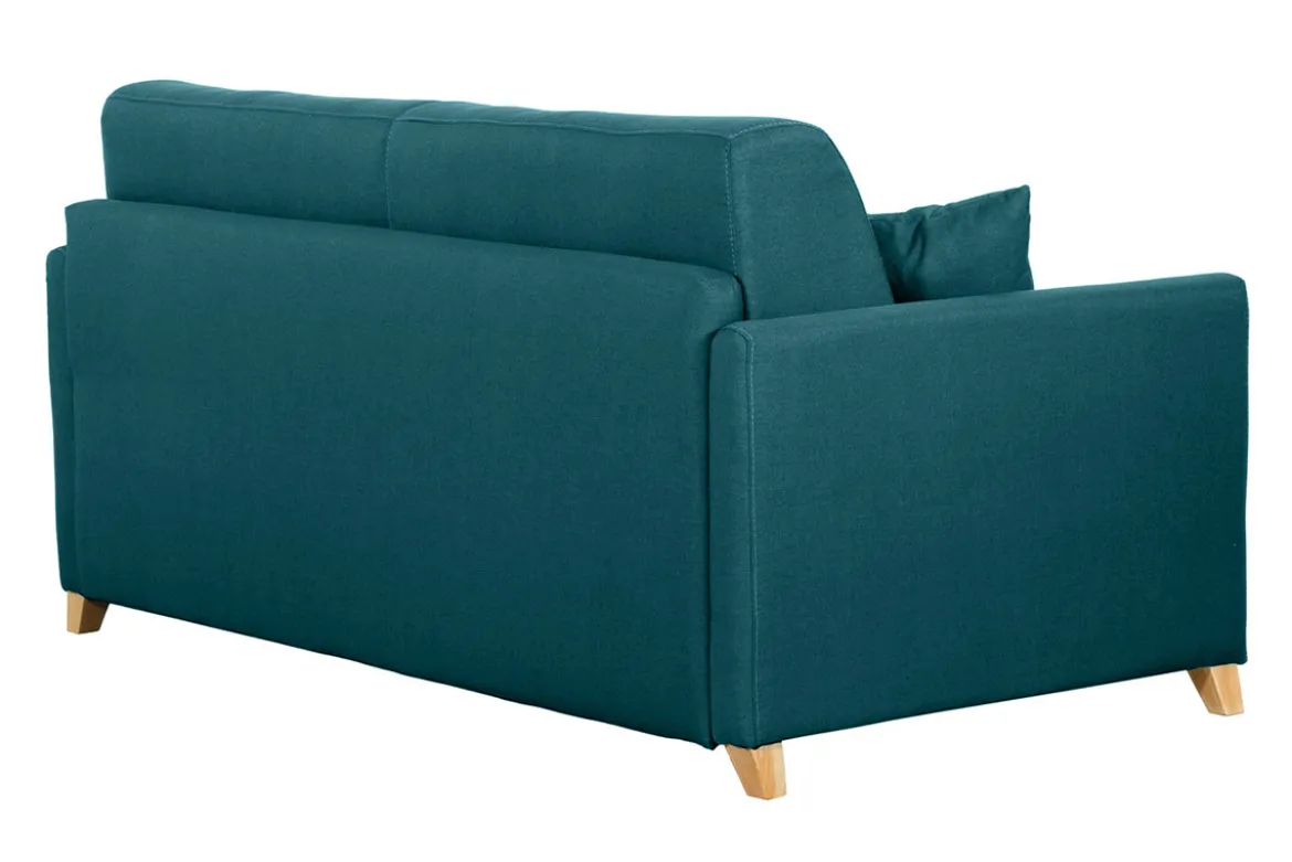 Canapé convertible 3 places en tissu bleu canard et bois clair avec matelas 13 cm SKANDY