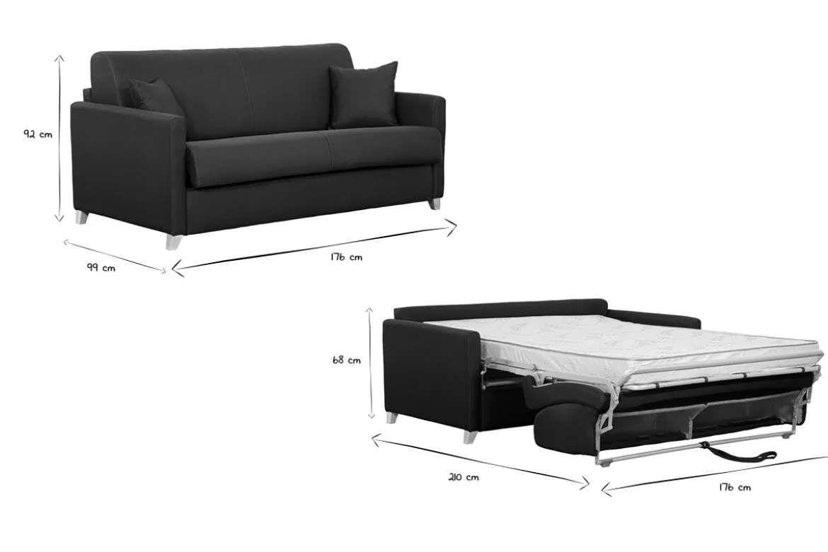 Canapé convertible 3 places en tissu bleu canard et bois clair avec matelas 13 cm SKANDY