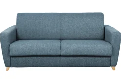 Canapé convertible 3 places en tissu bleu et bois clair avec matelas L140 cm 12 cm GRAHAM