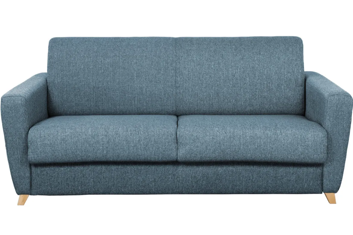 Canapé convertible 3 places en tissu bleu et bois clair avec matelas L140 cm 12 cm GRAHAM