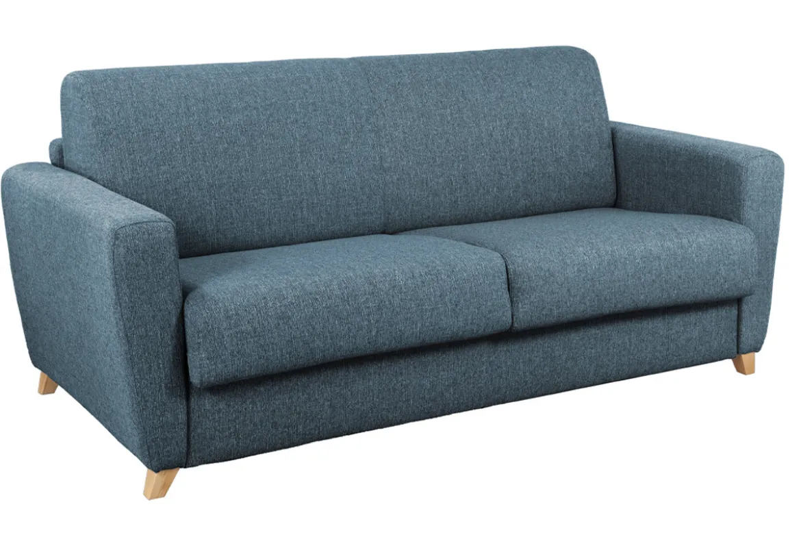 Canapé convertible 3 places en tissu bleu et bois clair avec matelas L140 cm 12 cm GRAHAM