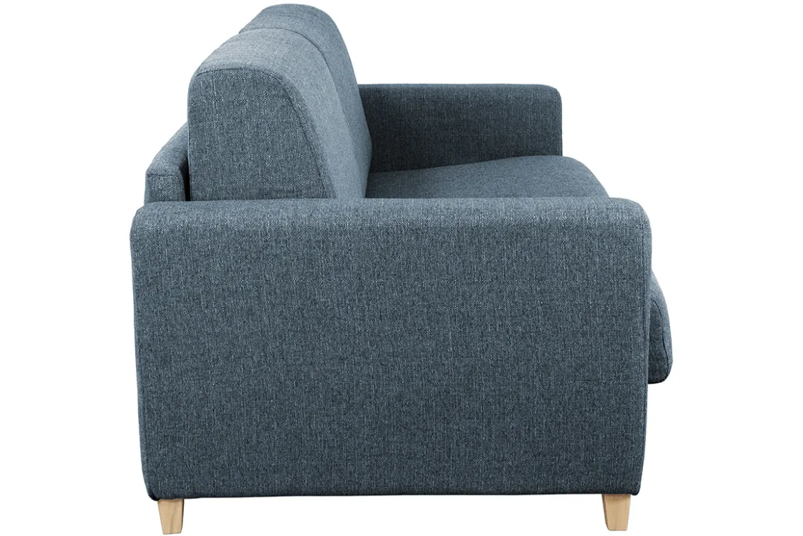 Canapé convertible 3 places en tissu bleu et bois clair avec matelas L140 cm 12 cm GRAHAM