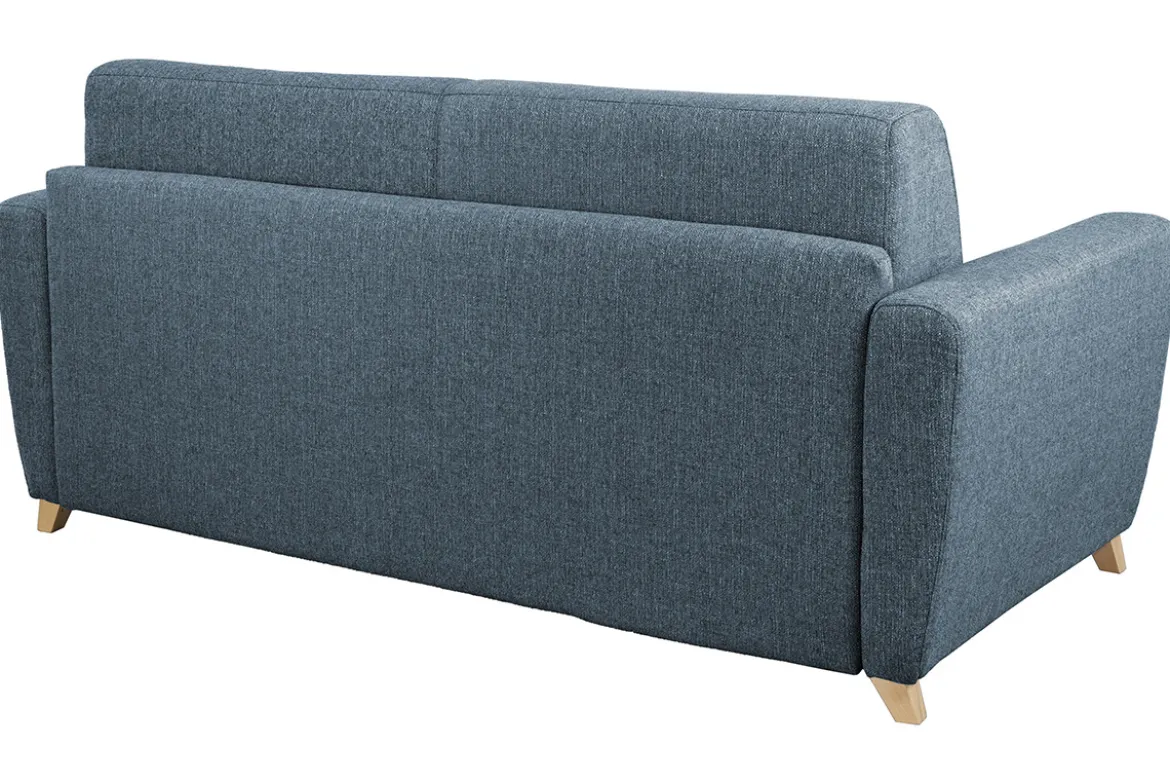 Canapé convertible 3 places en tissu bleu et bois clair avec matelas L140 cm 12 cm GRAHAM
