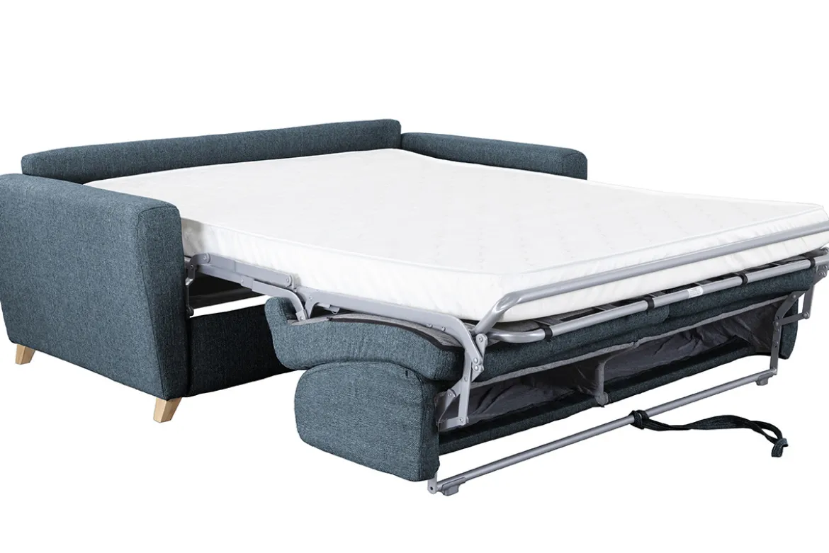 Canapé convertible 3 places en tissu bleu et bois clair avec matelas L140 cm 12 cm GRAHAM