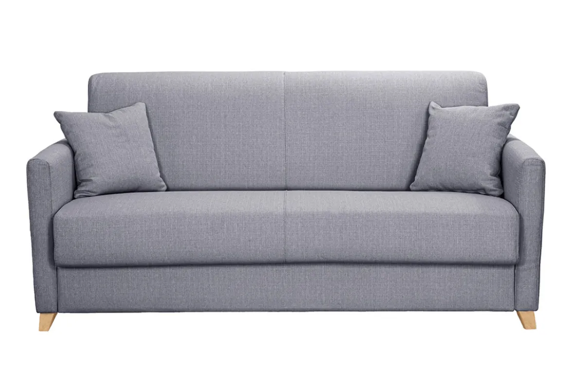 Canapé convertible 3 places en tissu gris clair et bois clair avec matelas 13 cm SKANDY