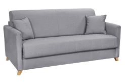 Canapé convertible 3 places en tissu gris clair et bois clair avec matelas 13 cm SKANDY