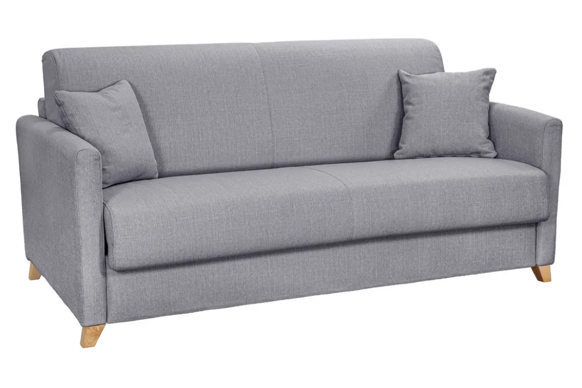 Canapé convertible 3 places en tissu gris clair et bois clair avec matelas 13 cm SKANDY