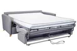 Canapé convertible 3 places en tissu gris clair et bois clair avec matelas 13 cm SKANDY