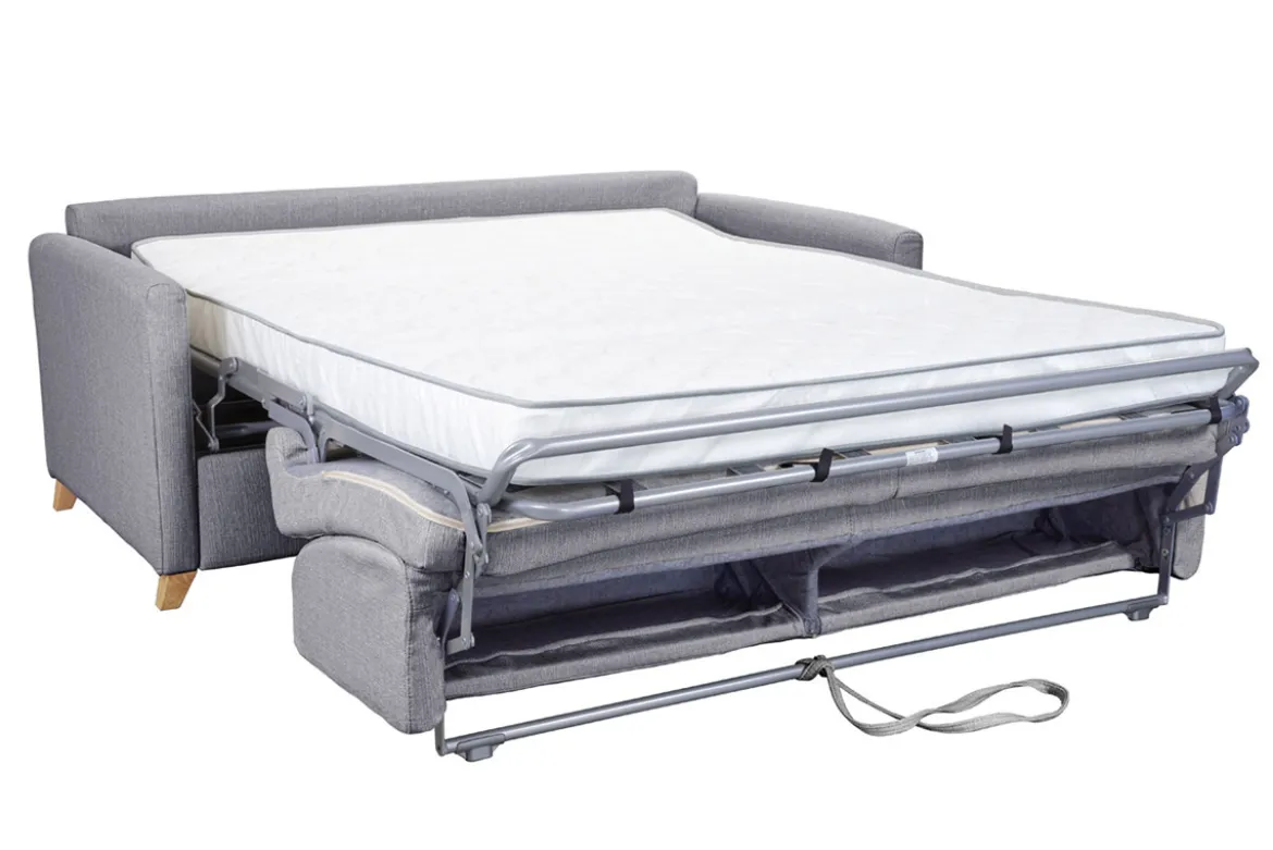 Canapé convertible 3 places en tissu gris clair et bois clair avec matelas 13 cm SKANDY