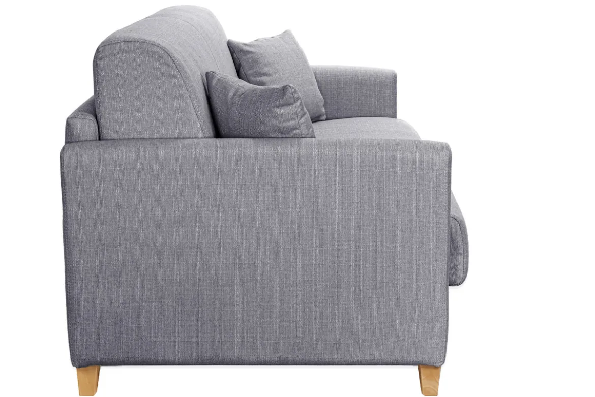 Canapé convertible 3 places en tissu gris clair et bois clair avec matelas 13 cm SKANDY