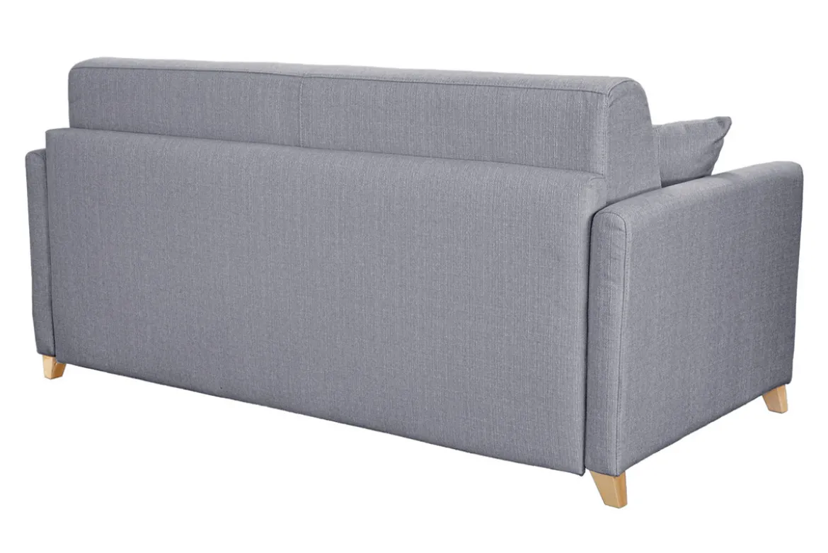 Canapé convertible 3 places en tissu gris clair et bois clair avec matelas 13 cm SKANDY