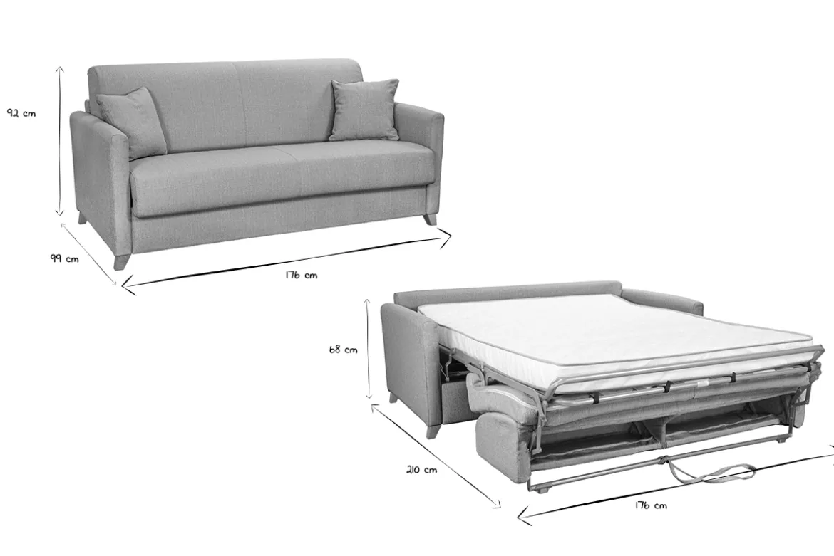 Canapé convertible 3 places en tissu gris clair et bois clair avec matelas 13 cm SKANDY