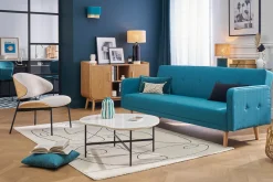 Canapé convertible scandinave 3 places en tissu bleu et bois clair ULLA