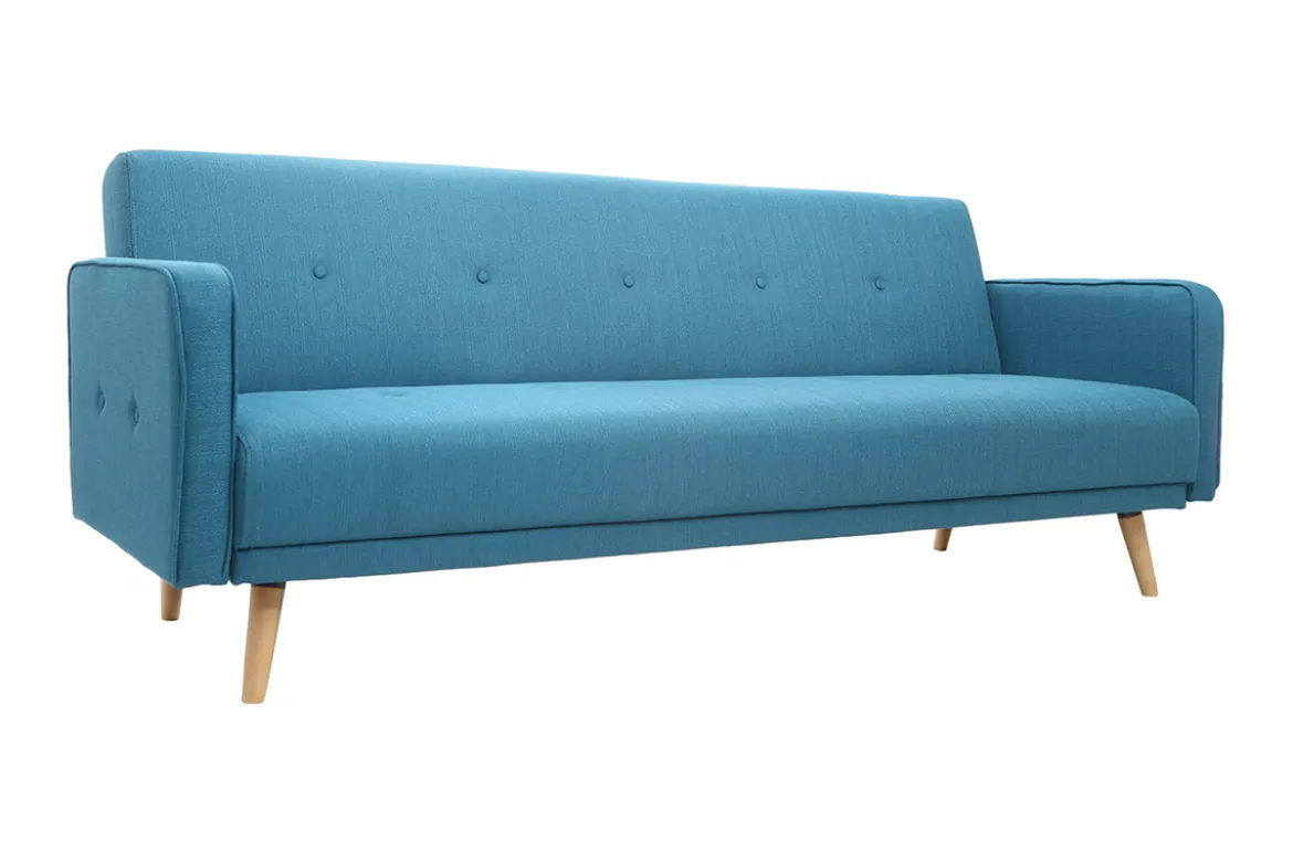 Canapé convertible scandinave 3 places en tissu bleu et bois clair ULLA