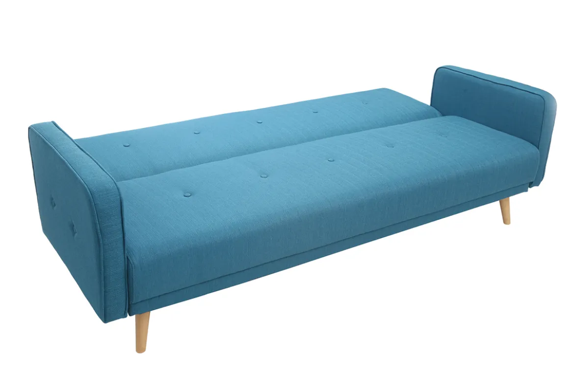 Canapé convertible scandinave 3 places en tissu bleu et bois clair ULLA