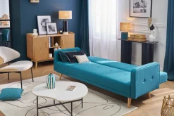 Canapé convertible scandinave 3 places en tissu bleu et bois clair ULLA